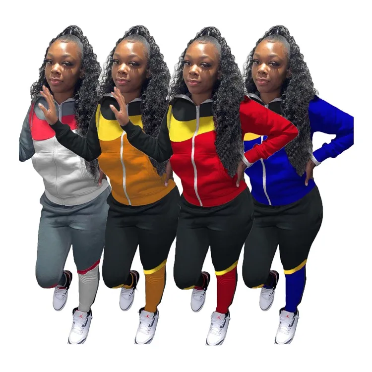 

LM-8211 Women'S Stitching Contrast Color Hooded Sport Suits Wholesale