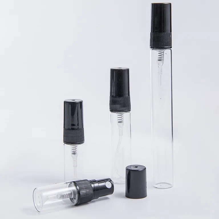 

Factory supply mini perfume bottle glass empty transparent Perfume Sample Bottle with black sprayer