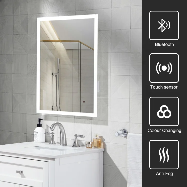 Low Moq Makeup Defogger Bath Mirror Led Glass Bathroom Mirror With Light Bluetooth Music