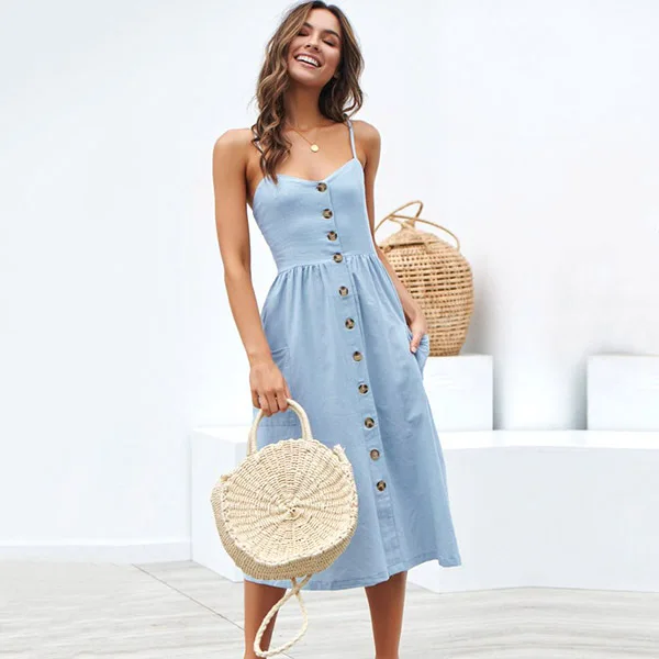 

Women Sexy Summer Dresses Boho Plus Size Backless Sleeveless Button Dot Solid Midi Dress Slip Sundress With Pockets, Showed