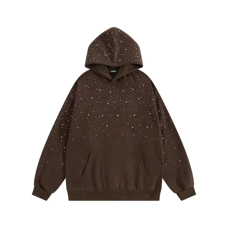 Rhinestone Starry Hoodie Men Oversized Drop Shoulder Heavyweight Cotton Hooded Sweatshirt Custom Streetwear Casual Pullover Top