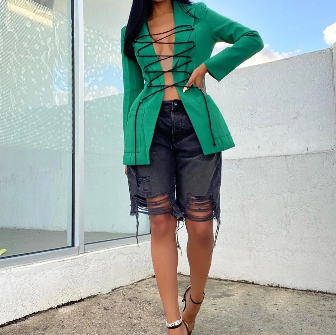 

Best Seller Fashion Luxury Casual Streetwear Solid Plain Color Lace Up Tie Up Blazers And Coats Blazers Ladies Women'S Suits