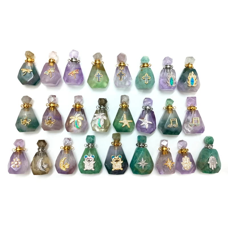 

price perfume bottle design Pave CZ Diffuser vial Rainbow natural parfum Gemstone Perfume Bottle gold plated charms Jewelry, Multi