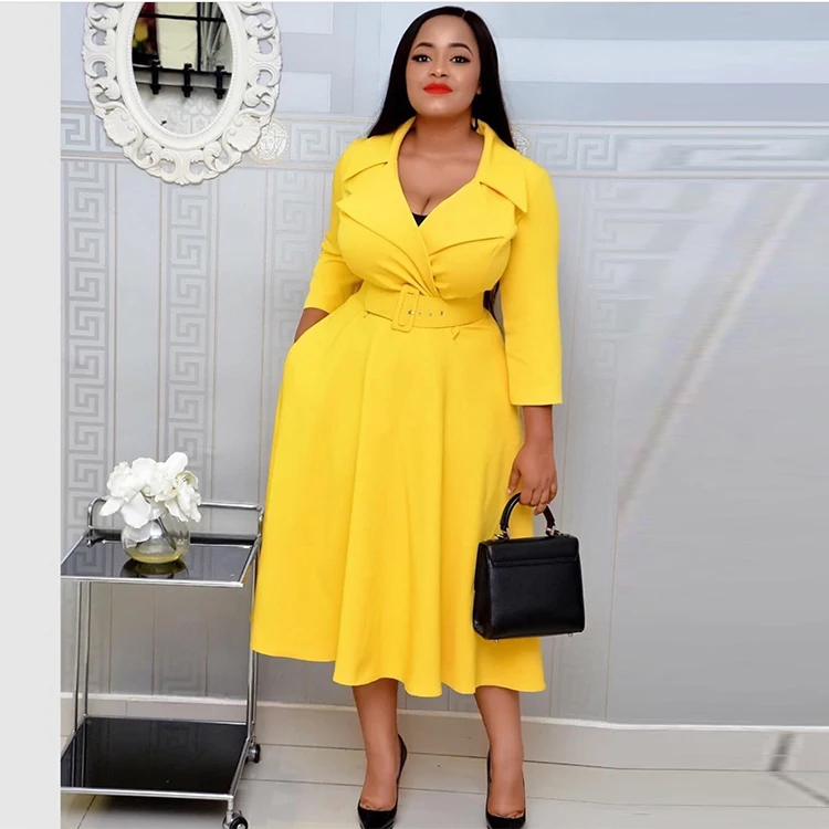 

2020 INS Amazon Hot Sale African Suit Collar Slim Plus Size Women Dresses With Belt Long Sleeve Office Lady Dress, Yellow,wine red,grey