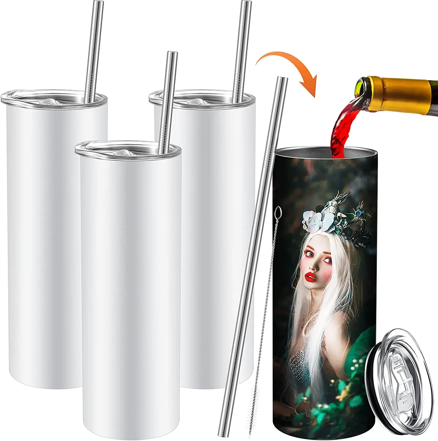 

Stock item free sample 20oz Skinny White Straight Sublimation Blanks Stainless Steel Tumblers With Metal Straws, Customized colors acceptable