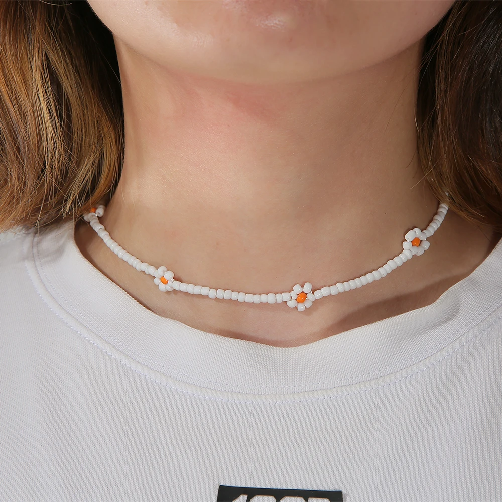 

Bead Choker Colorful Flower white rice bead necklace Friendship Handmade Woven Fashion Beach Woman Jewelry, Photo