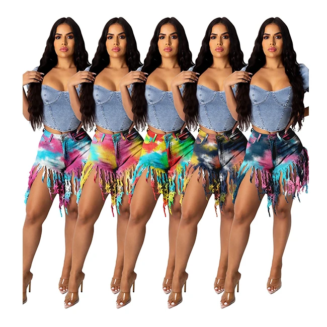 

New Arrival Colorful Tassel Skinny Shorts Women's Short Mini Pants Denim Jeans Women, Picture