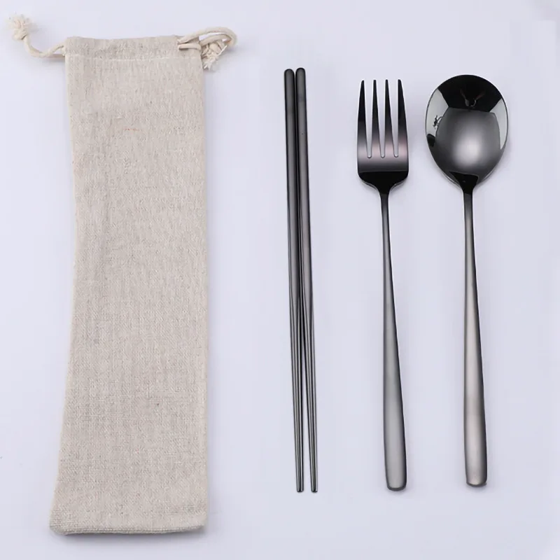 

Black Portable Cutlery Set 304 Stainless Steel Travel Flatware Spoon Fork Chopsticks With Bag, Silver,gold,rose gold,rainbow,black