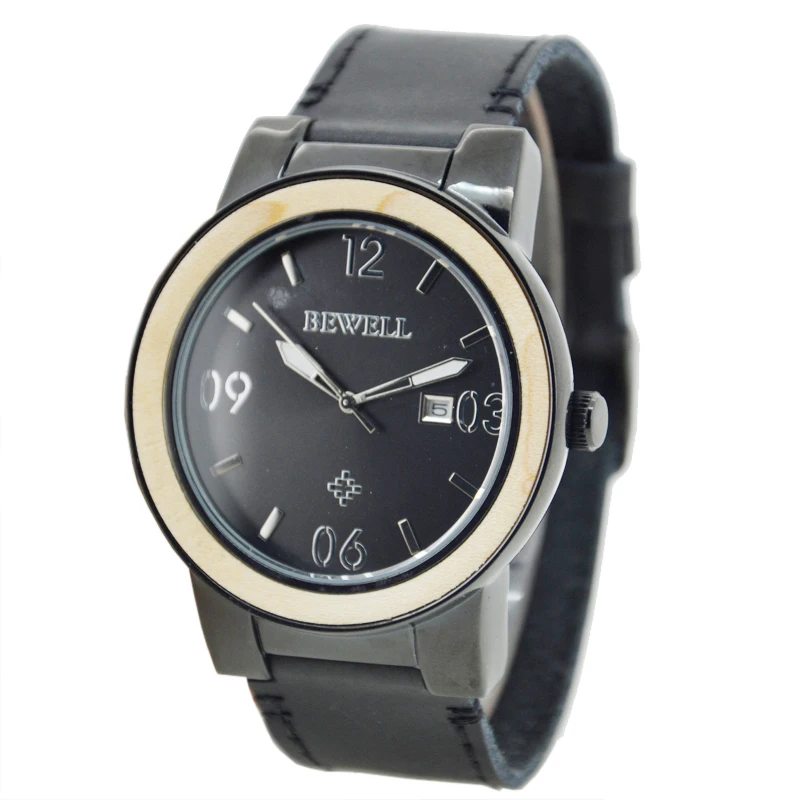 

BEWELL men Luxury Black Nature Wood Quartz Wristwatch with Leather Strap