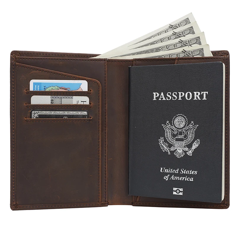 

TIIDNG Custom Logo Vintage Travel Credit Card Bifold Wallet RFID Blocking Crazy Horse Leather Passport Holder For Man