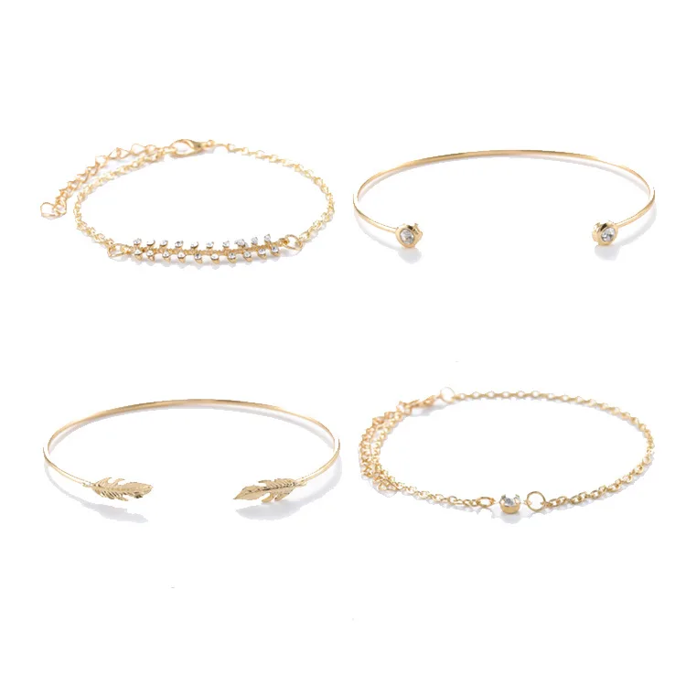 

Shangjie OEM pulsera four-piece set of leaf-set diamonds with  opening 18k gold plated bracelet