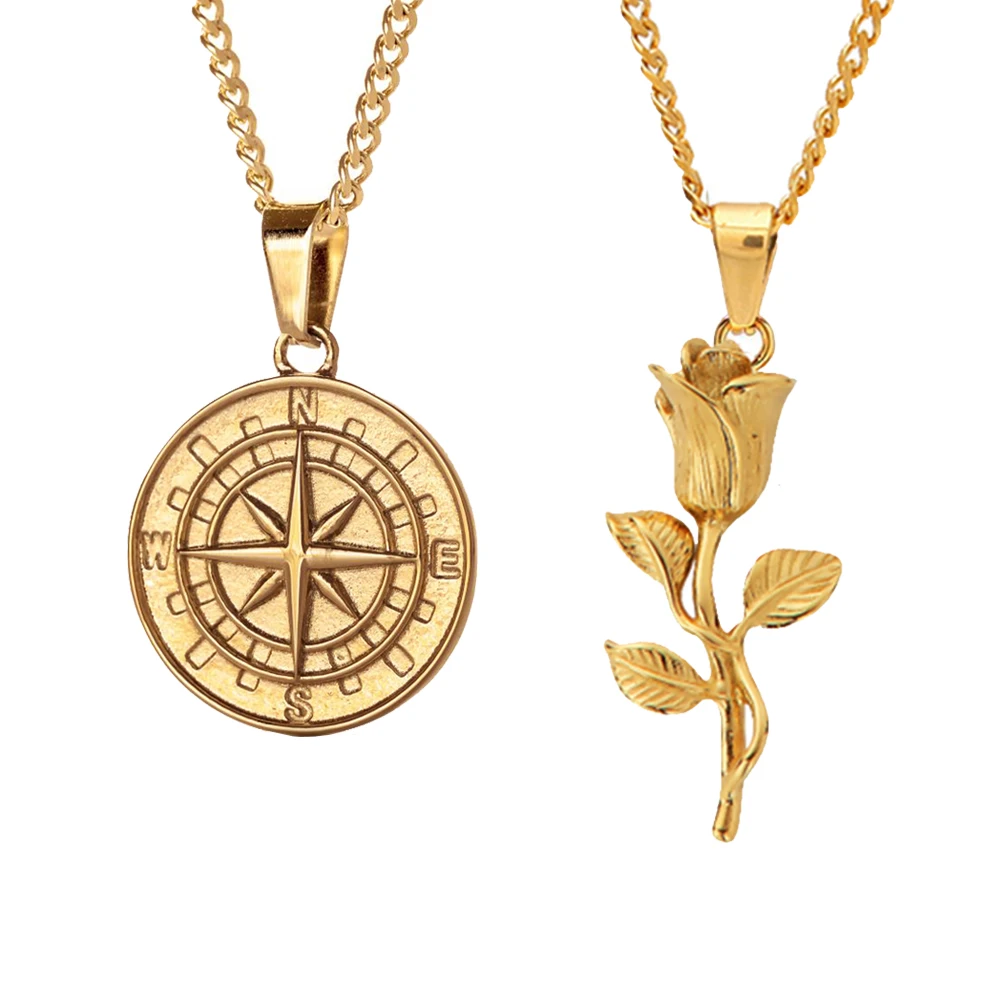 

2022 New Vintage Compass Pendant Necklace Rose Charm Stainless Steel 18K Gold Plated Christmas Punk Lion Head Revenge Angel Hot