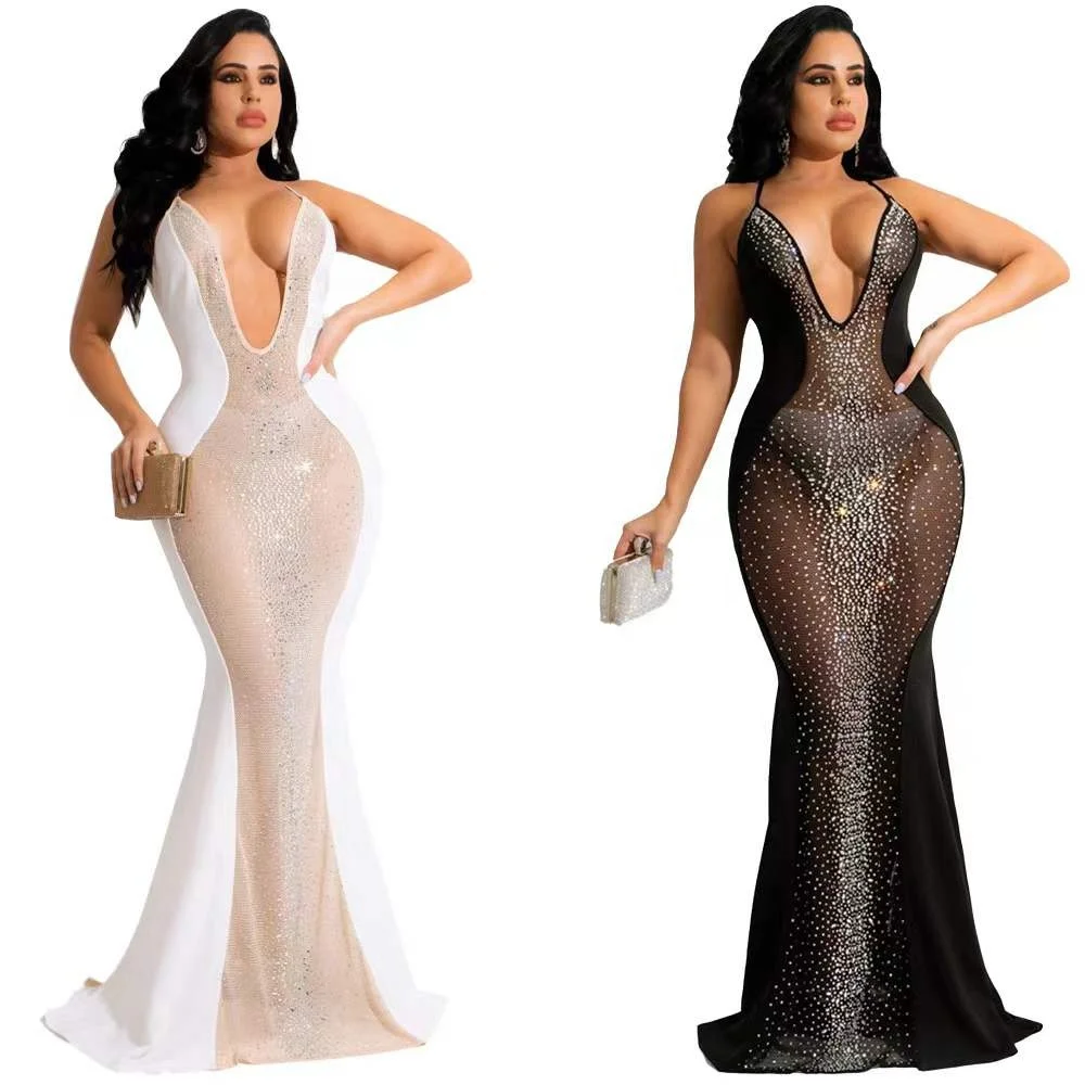 

High quality deep v neck patchwork mesh rhinestone dress sexy women elegant evening dress nightclub wear ladies maxi dress, As picture