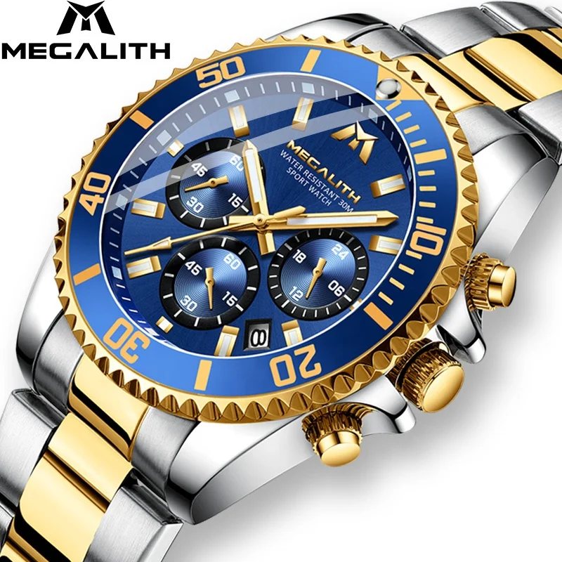 

Montre MEGALITH Business Mens Watches Steel Gents Luxury Waterproof Chronograph Watch Top Brand Sports Quartz Wristwatch