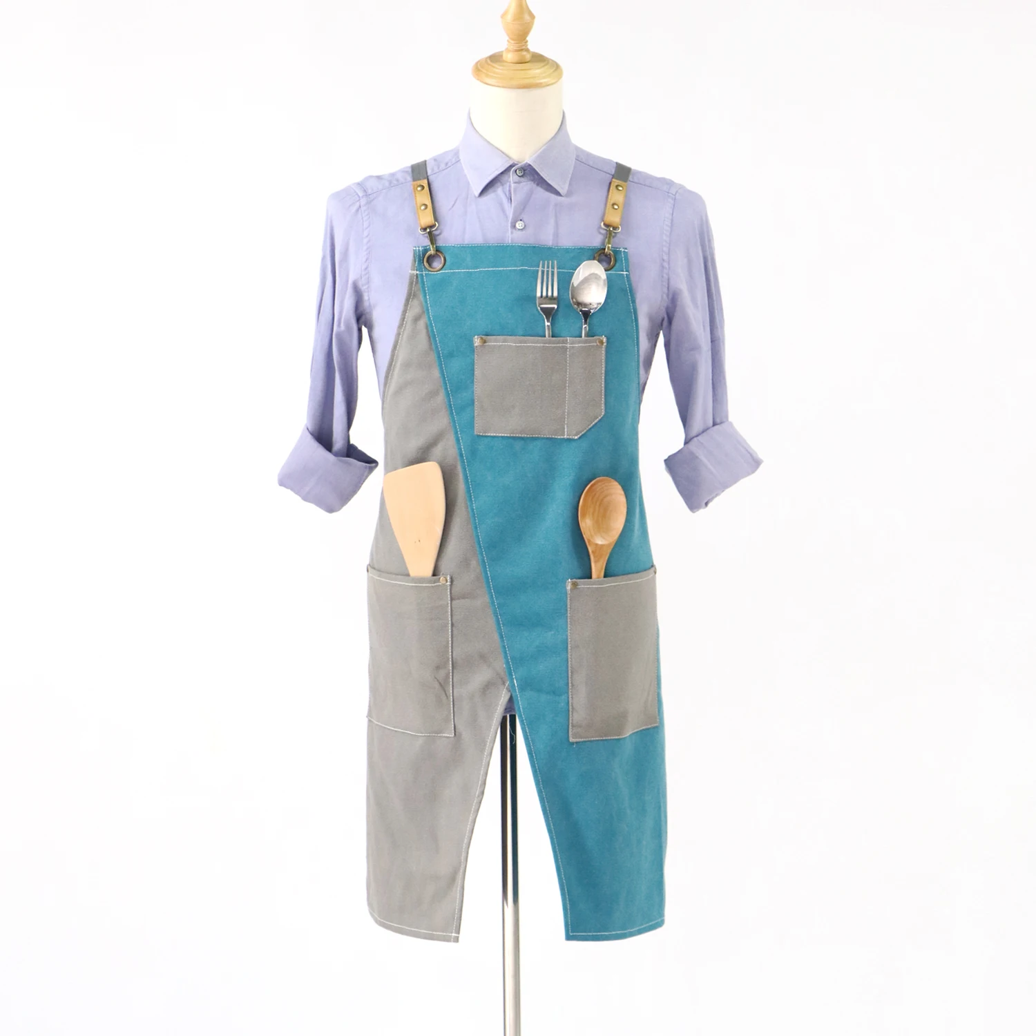 

Hot sale new style classic washed canvas fabric grey and blue adult work apron, Grey+blue, black+grey