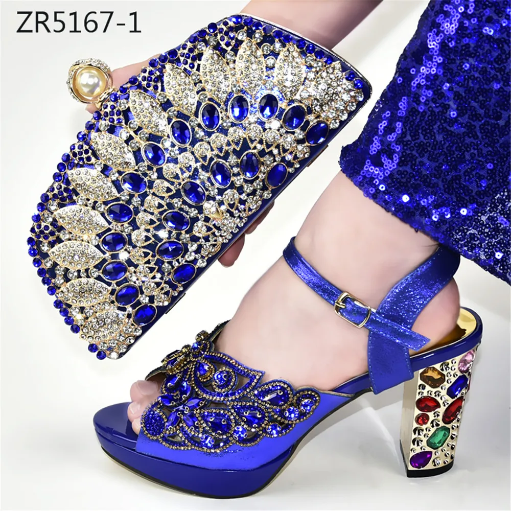 

ZR5167-1 Royal blue color hot sale fashion wholesale Italian matching shoe and bag set for women, As picture
