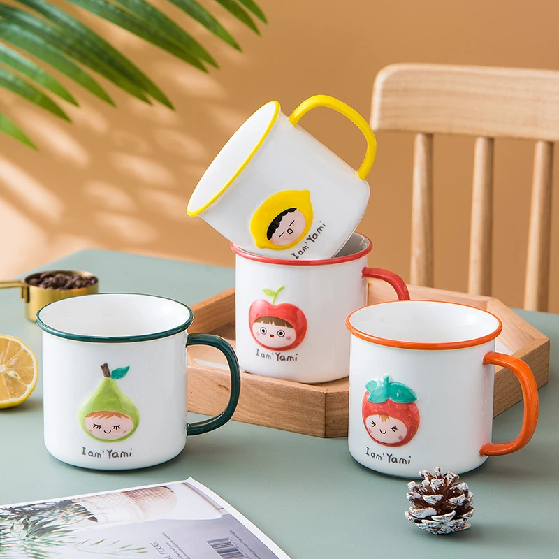 

Feiyou New Fashion Imitation enamel fruit ceramic cup mugs cute phiz ceramic Porcelain Coffee Mugs with handle, As the picture show