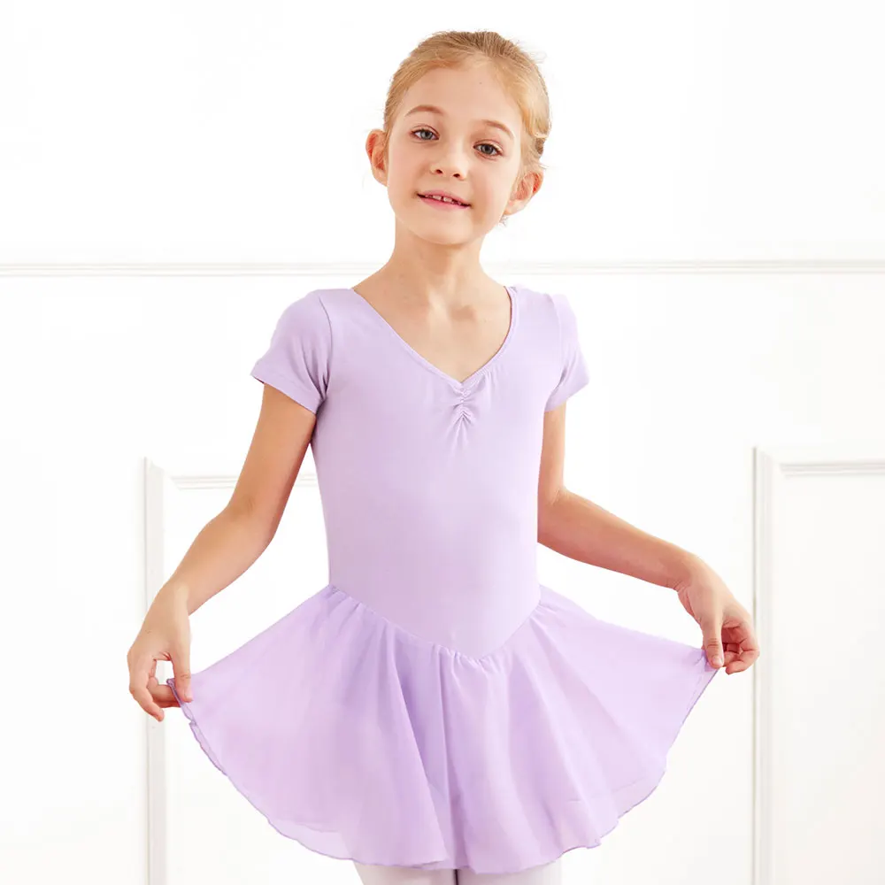 

Wholesale Dance Cotton Short Sleeve Leotard Chiffon Skirt Ballet Dresses For Girls softer flouncy tutus for Girls, Blue, pink, purple