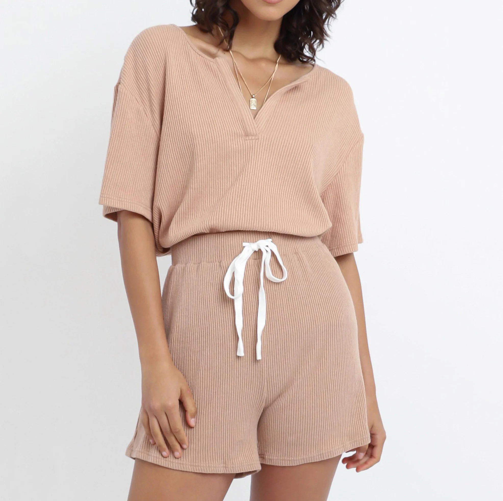

2021 spring women fashion casual short sleeve lounge wear sets pajamas women knit ribbed short pants lounge wear loungewear, Customized color