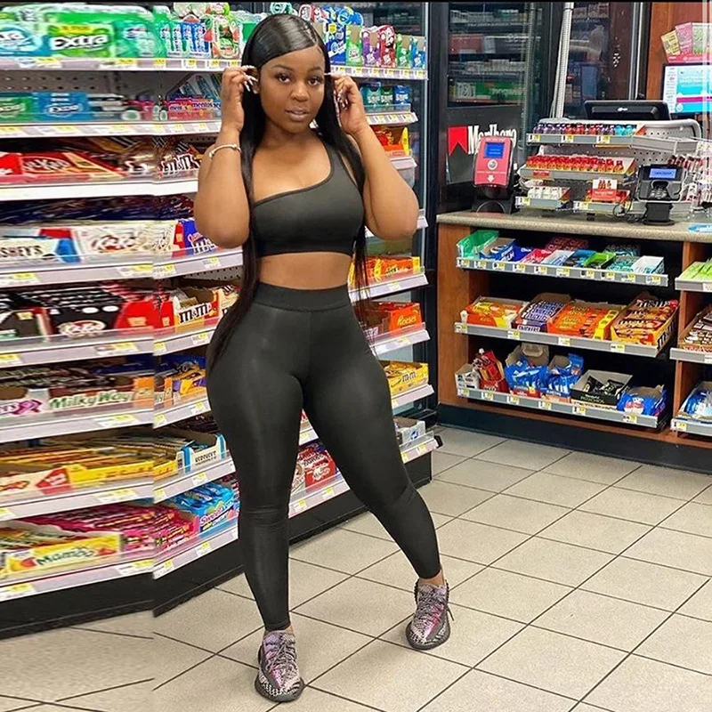 

sporty fitness tracksuit women one shoulder tank+leggings 2 piece elastic sporty skinny active wear casual fashion outfit