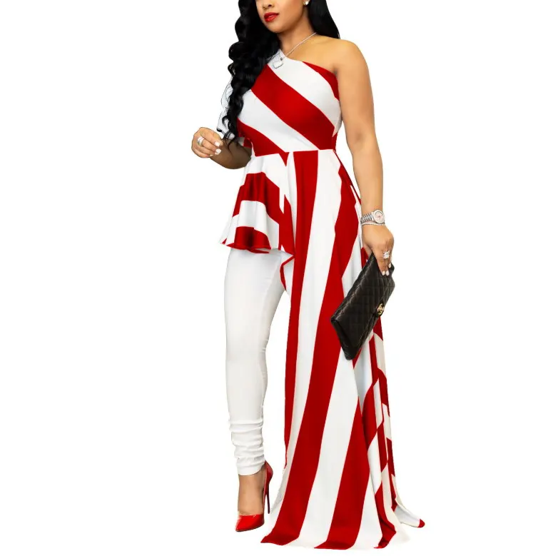 

Hot Selling Fashion Summer Women Stripe Plus Size Slant Shoulder Ruffle Night Club Dresses and Long Skirts, As pictures