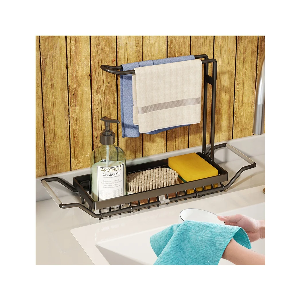 

Masthome kitchen metal sink caddy kitchen organizer rack caddy with sponge holder made in china, Black/ stainless steel color