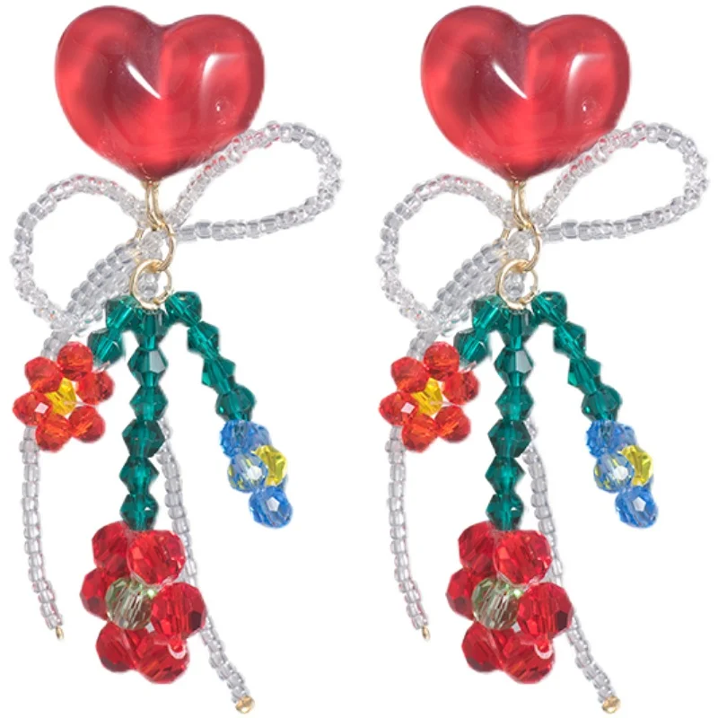 

2022 Red Heart Crystal Colorful Flower Bow Beaded Earrings Unique Jewelry, Customized color