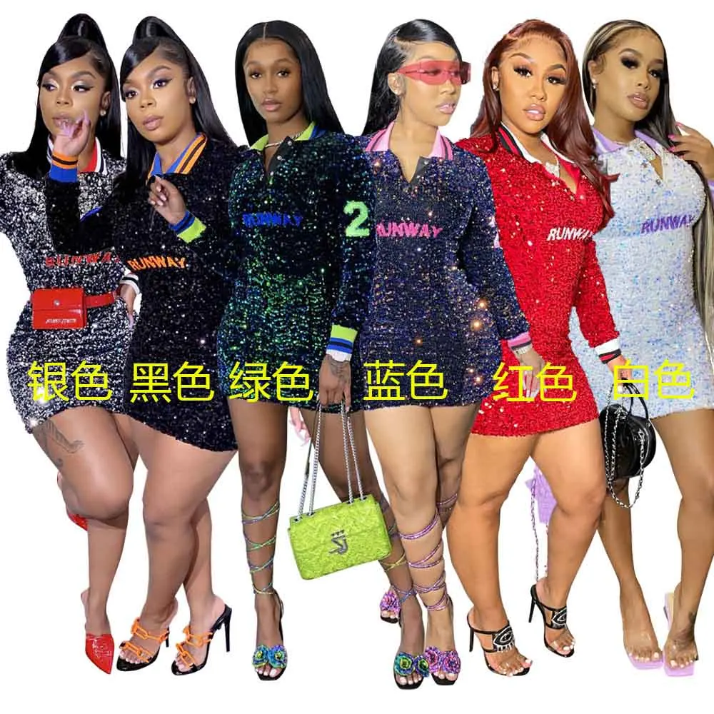 

Elegant Lady Long Sleeves Sequined Shiny Sexy Short Mini Dress, Black, white, red, silver, green, blue