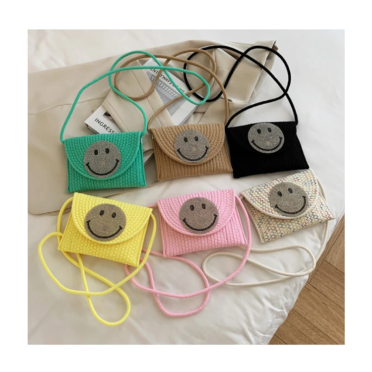 

Summer Trendy Diamonds Smile Face Crossbody Bags New Cartoon Straw Flap Handbags and Purses Woven Women Cute Shoulder Bags Sac