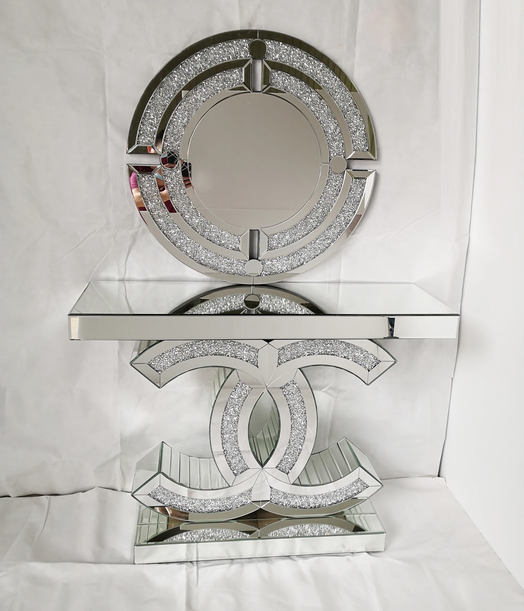 
2020 mirrored CC console table crushed diamond hallway table for home hotel 
