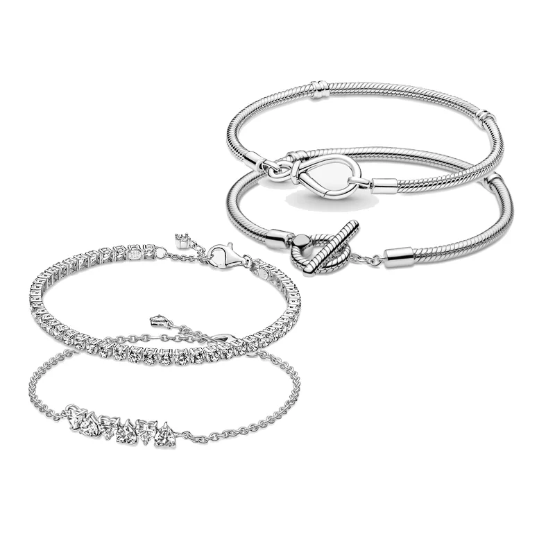 

Slovehoony New GIfts Sparkling Zircon Bracelet T-bar 925 Sterling Silver Infinity Knot Snake Chain Bracelet