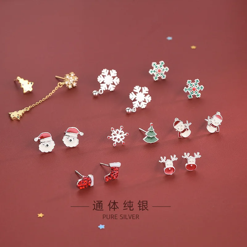 

S925 Silver Diamond dripping oil lovely Santa Earrings asymmetric snowflake Snowman Earrings Christmas gifts