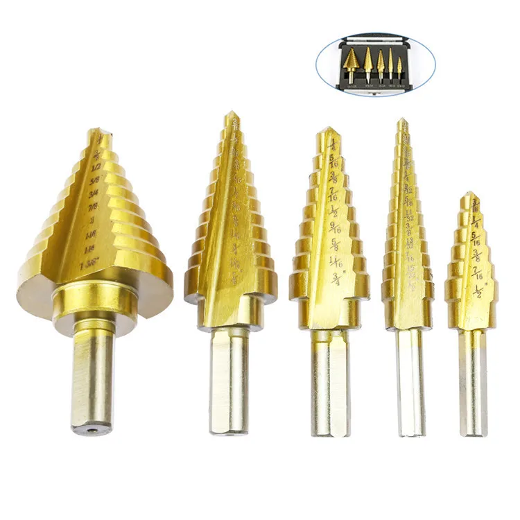 NINDEJIN DT-YZBTZ-5HZ HSS Titanium Coated Multiple Hole Drilling Spiral Grooved Step Drill Bit for Soft Metal Sheet Wood Plastic
