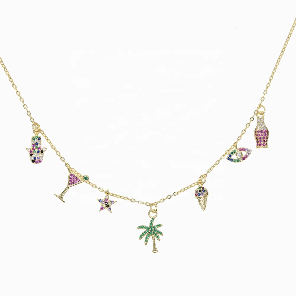 

Summer GOld Collection fashion jewelry colorful cz glass wine tree star eye hand Charm statement necklace