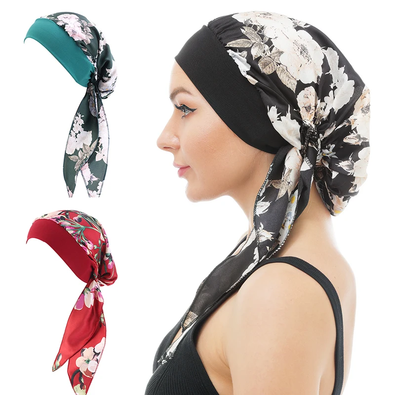 

Pre-Tie Silky Women Turban Hat Designer Bandana Head Wear Headwraps Arabic Muslim Turban Scarf