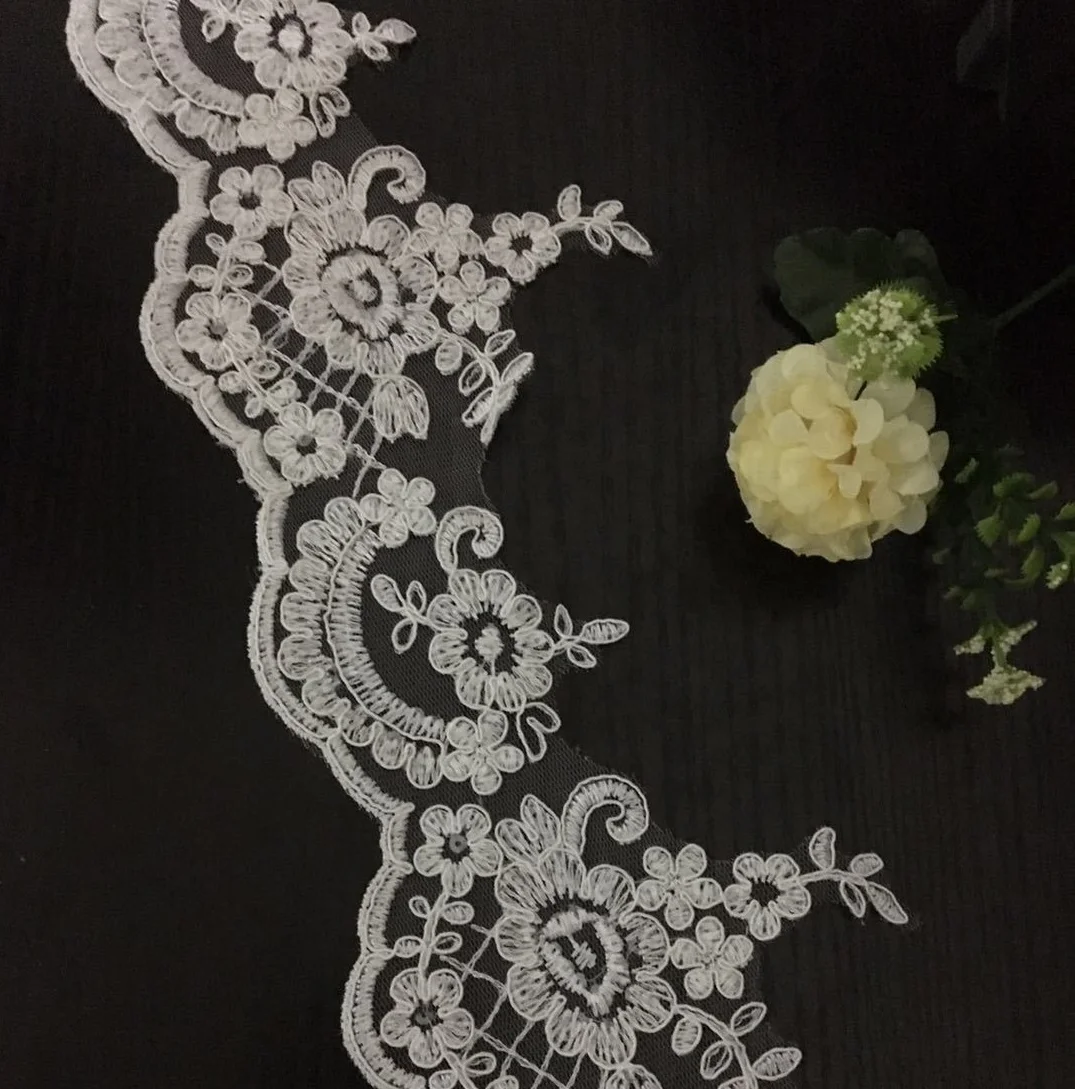 

Sequined polyester white curtain border lace trim embroidery flower, As pictured
