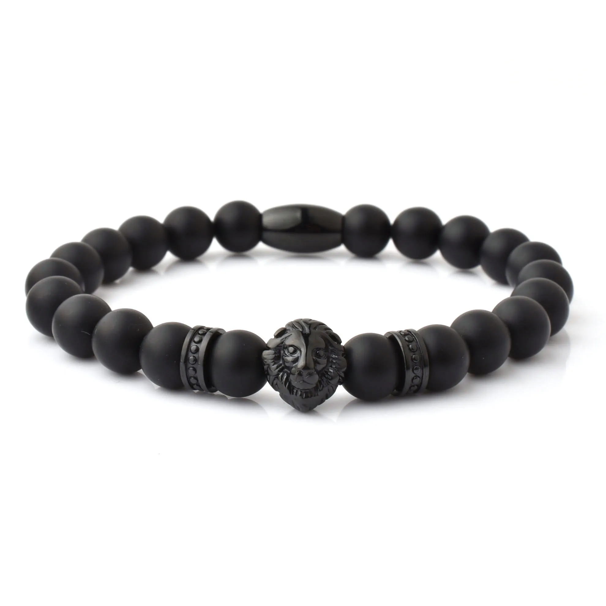 

Black Lion Head Charm Custom Logo High Quality Matt Onxy Stone Mens Beaded Bracelet