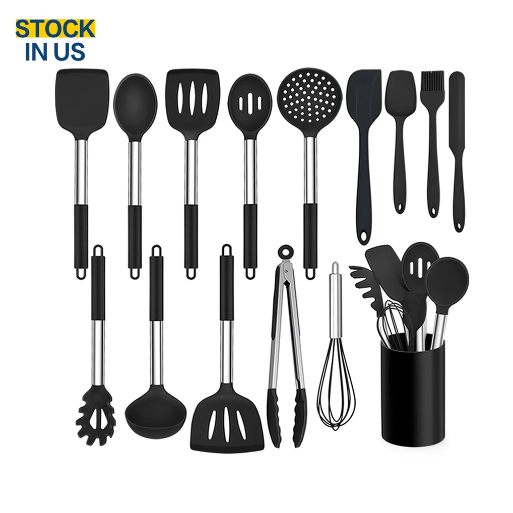 

Stock in USA 15pcs silicone and stainless steel kitchen accessories bpa free non-stick cooking kitchen utensil set, Colorful, black, grey