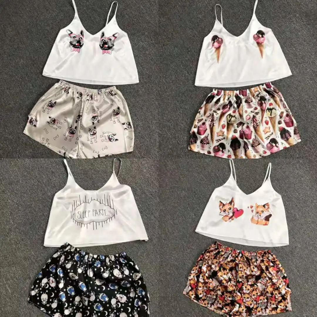 

New Style Loose Cartoon Sexy tins with tank top, shorts and pajamas Simulated ice silk V-collar home dress pyjamas, As picture or customized make