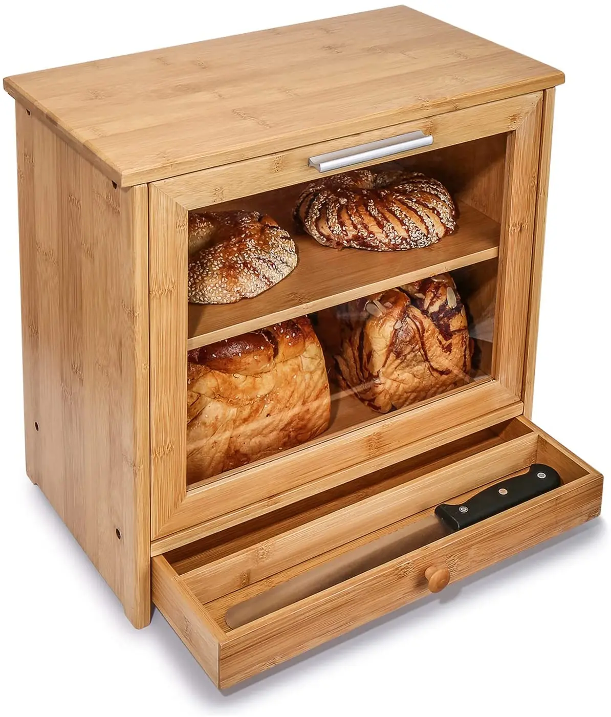 

Large Bamboo Bread Box For Kitchen CountertopCome With Clear Front Window And Tool Drawer2 Layer Bread Storage Bin With Adjust