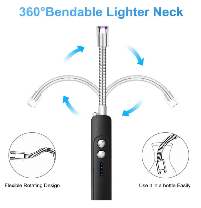 Electric Lighter with USB and LED Flashlight, Rechargeable Lighter, Long Arc Flexible Lighter for Candle, Camping