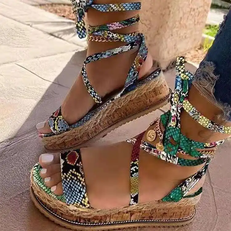 

Summer New Women Sandals Mid Heel Summer Bandage Women's Shoes Open Toe Boho Color Snake Pattern Plus Size, Khaki, green,black,yellow, leopard