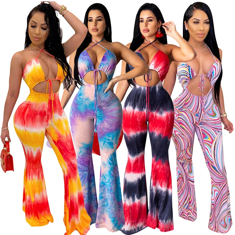 

06146NB Best design summer sexy halter bandage backless tie-dye bodycon Flared jumpsuit Women One Piece Jumpsuits And Rompers
