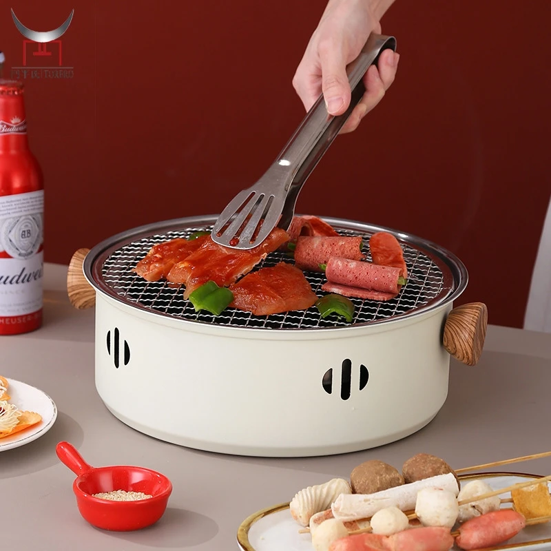 

Portable Round Barbecue Food Charcoal Stove With Wire Mesh Grill Non-Stick Baking Pan Tabletop Household Camping BBQ Tool