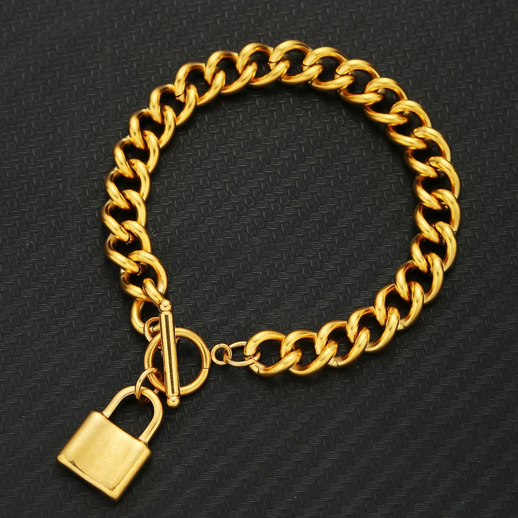 

Gold Plated Chunky Cuban Link Bracelet Stainless Steel Charm Pendant Bracelet Lock Clasp, Picture
