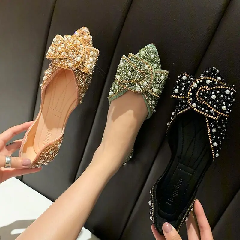 

Fashion high quality hot design elegant women flat pearl rhinestone slip on diamond loafer casual lady flat shoes, Balck,pink,green