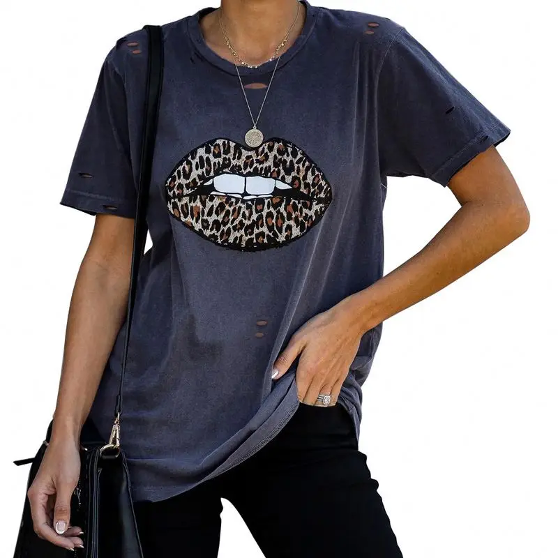

2020 Hot Sale Summer Fashion Leopard Lip Distressed Cotton Printing Casual Women T-Shirt