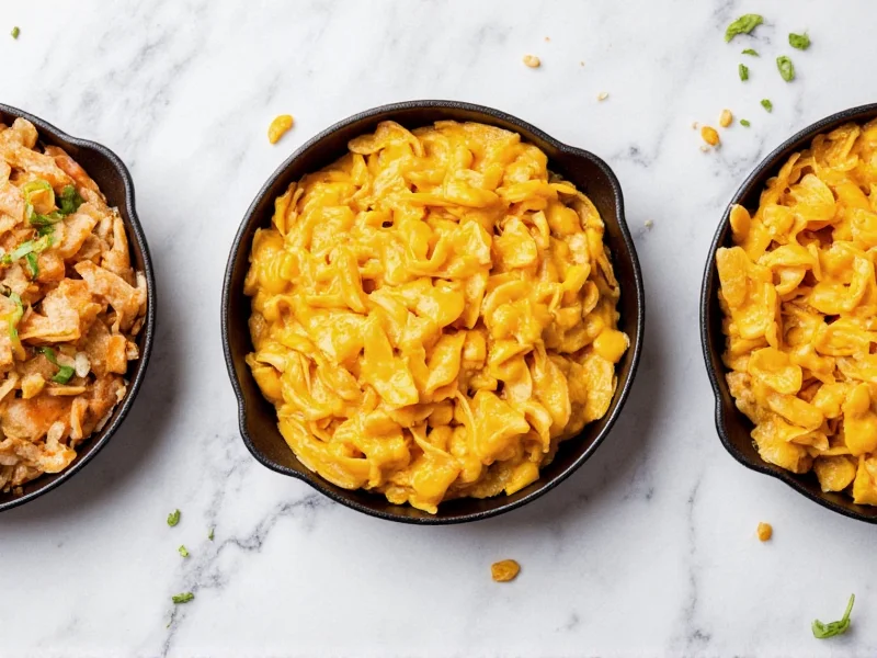 Three nacho cheese variations in mini cast iron skillets