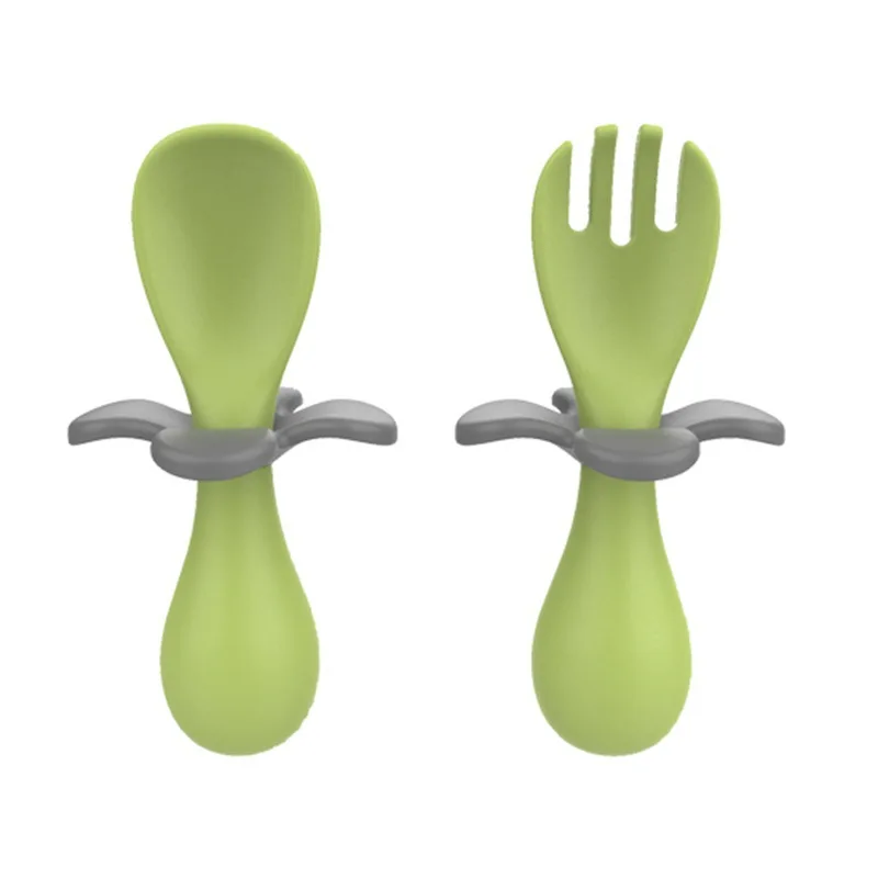 

New Trend High Quality 2pcs Food Grade PP Baby Training Short Handle Spoon Portable Food Supplement Silicone Spoon Fork