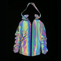 

Unisex Windbreaker Double Sided Adjustable Hood Fabric Running Rainbow Reflective Jacket